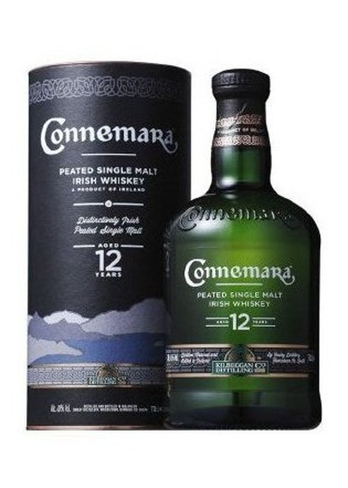 Connemara 12 Year Old Peated Single Malt Irish Whiskey bottle with black cylindrical packaging