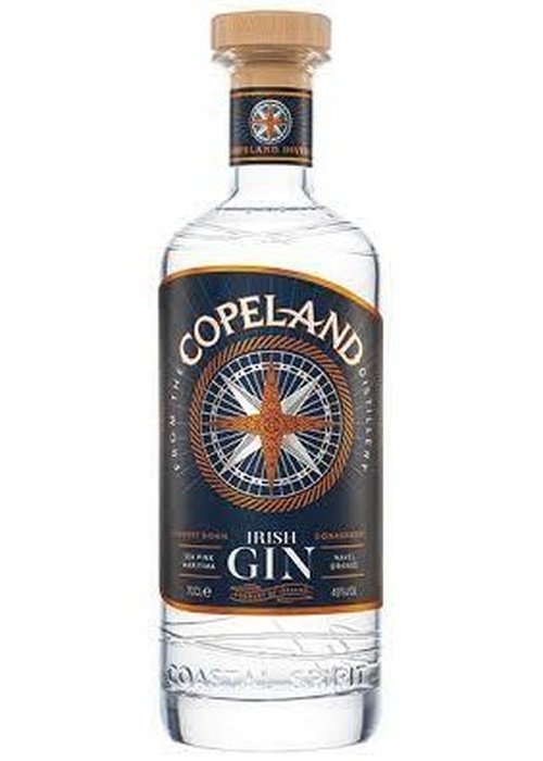 Copeland Irish Gin 700ml bottle with dark blue label and compass rose design