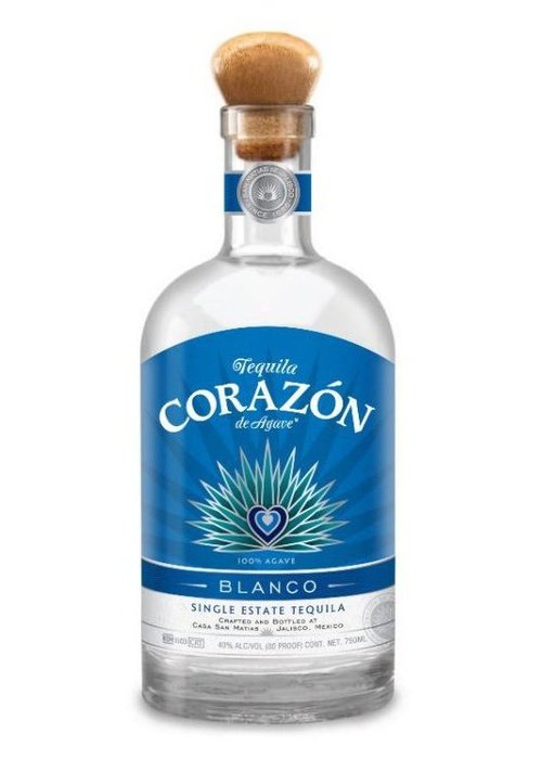 Corazon Tequila Blanco 700ml clear glass bottle with blue label and cork stopper