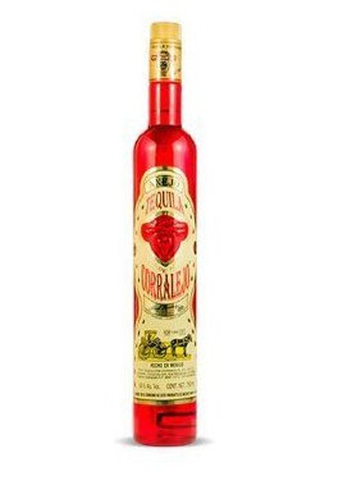 Corralejo Anejo red glass tequila bottle with gold foil cap and heart logo