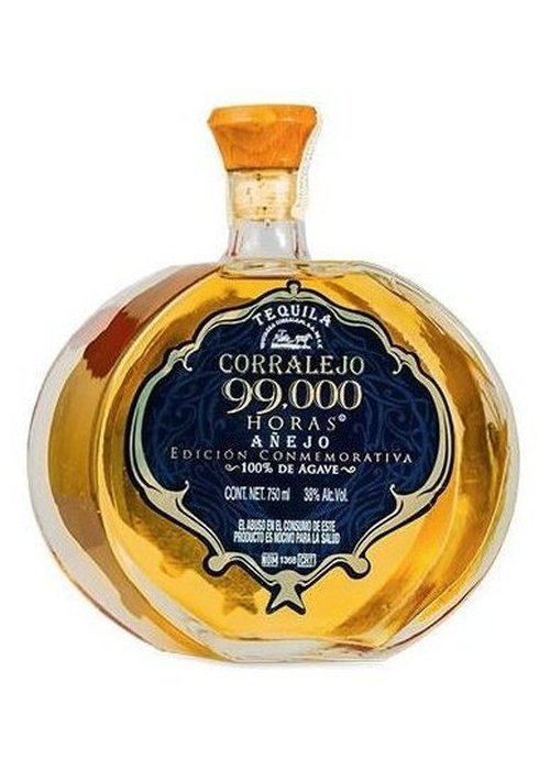 Corralejo 99,000 Horas Añejo tequila 750ml bottle with ornate blue label and wooden stopper