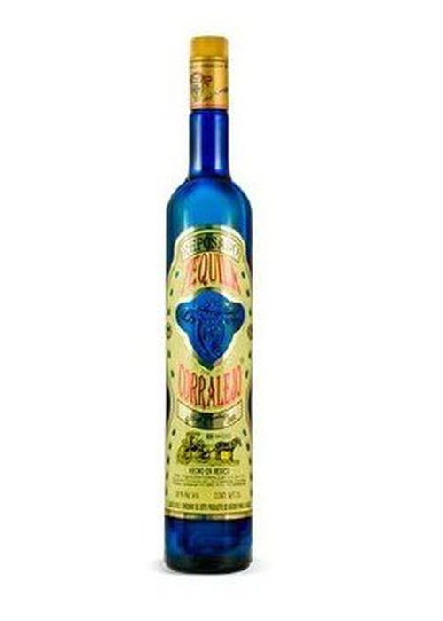 Corralejo Reposado 700ml blue glass tequila bottle with gold cap and cream label