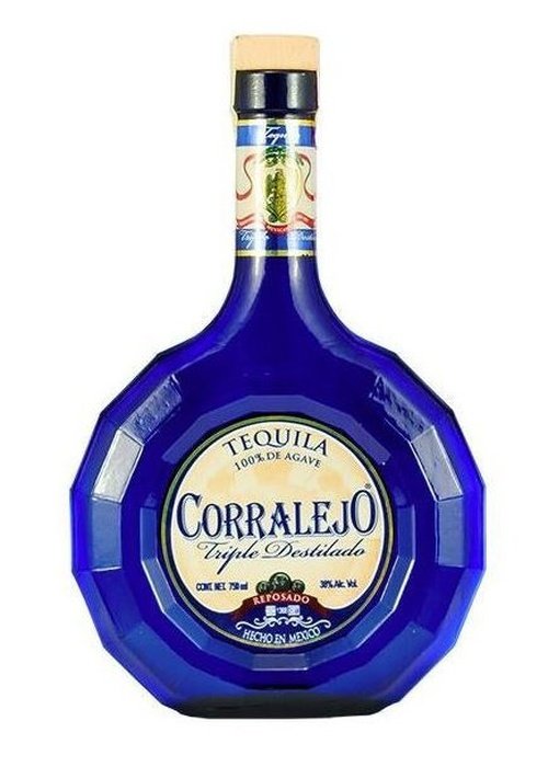 Corralejo Triple Distilled 700ml blue glass reposado tequila bottle with octagonal design and cream label