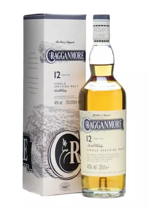Cragganmore 12 Year Old Single Speyside Malt Scotch Whisky 700mL bottle with gold liquid and white box