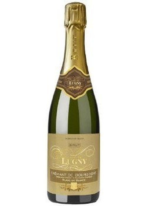 Cave De Lugny Crémant de Bourgogne Brut Blanc de Blancs sparkling wine bottle with gold foil neck and beige label