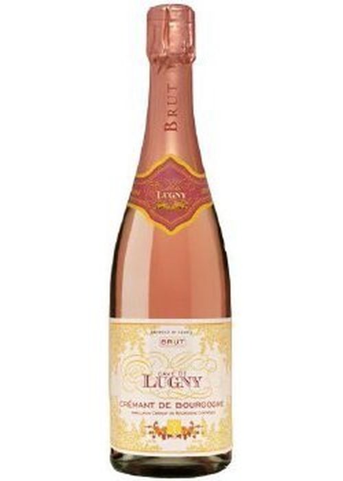 Cave de Lugny Crémant de Bourgogne Brut Rosé sparkling wine bottle with rose liquid and gold foil