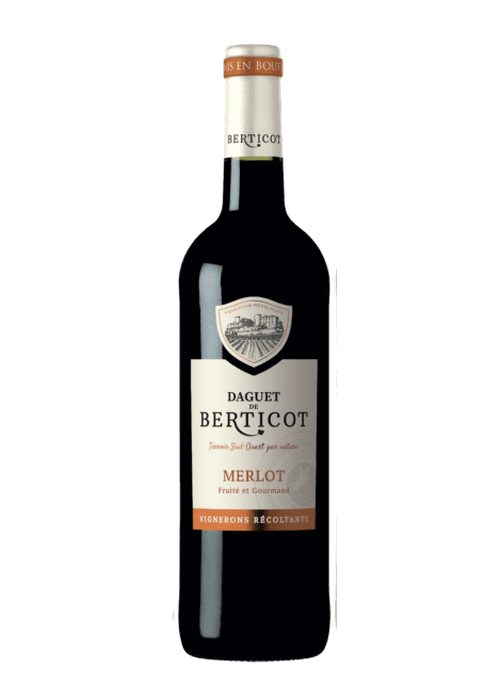 Daguet De Berticot Merlot red wine bottle with cream label and vineyard emblem