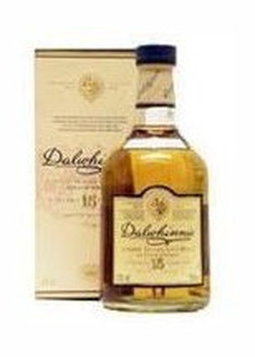 Dalwhinnie 15 Year Old Highland whisky bottle with blue cap and gold liquid next to beige box