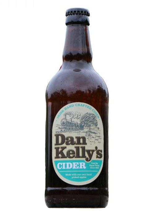 Dan Kelly's Irish handcrafted cider 500ml brown glass bottle with cream and teal label