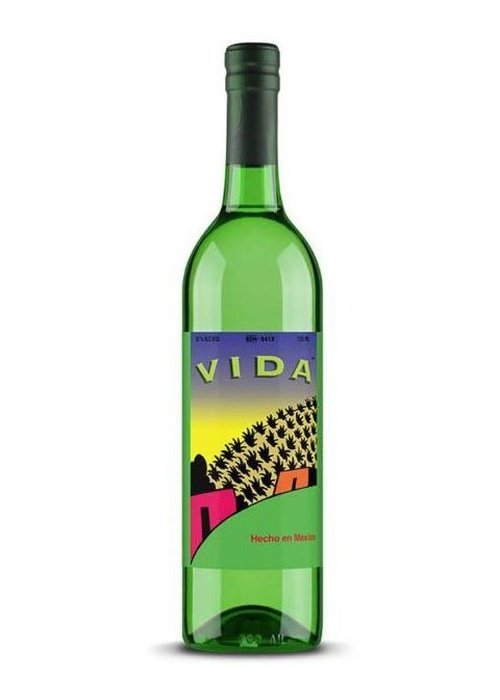 Del Maguey VIDA Organic Mezcal bottle with green glass and purple-to-yellow gradient label