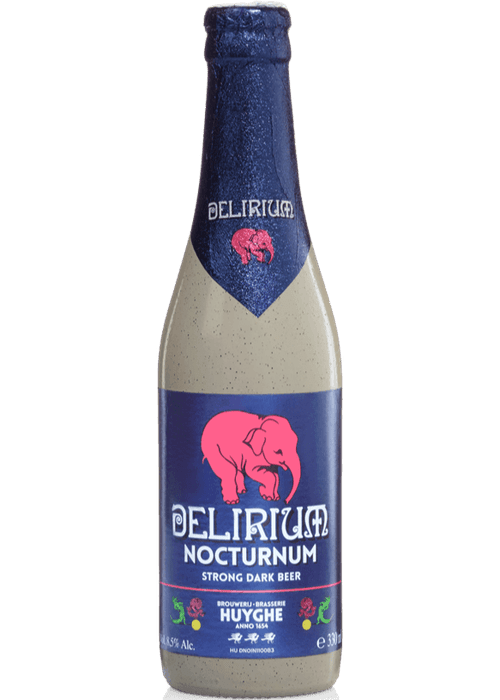 Delirium Nocturnum 330ml Belgian dark beer bottle with pink elephant label
