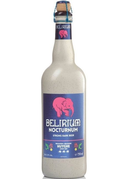Delirium Nocturnum 750ml strong dark Belgian ale bottle with pink elephant logo and cork stopper