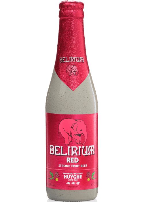 Delirium Red 330ml Belgian craft beer bottle with pink elephant label and red foil cap