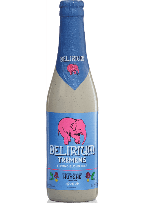 Delirium Tremens 330ml Belgian strong blond beer bottle with pink elephant label and 8.5% ABV