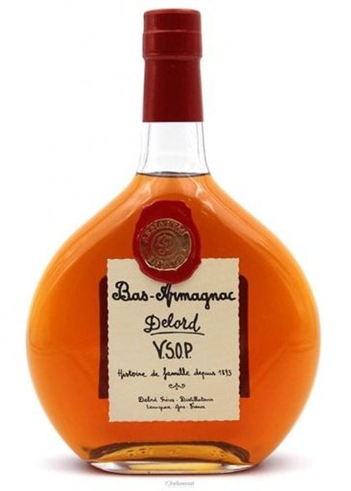 Delord VSOP Bas-Armagnac 700ml amber spirit bottle with red wax seal and cream label