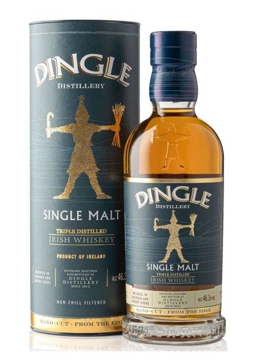 Dingle Single Malt Irish Whiskey 700ml bottle with cylindrical packaging, triple distilled non-chill filtered amber spirit