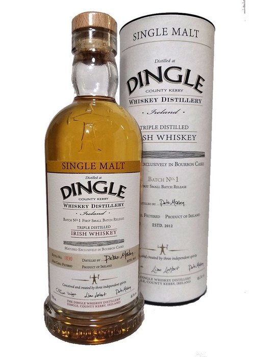 Dingle Single Malt Batch #1 Irish Whiskey bottle with cork stopper and white paper sleeve