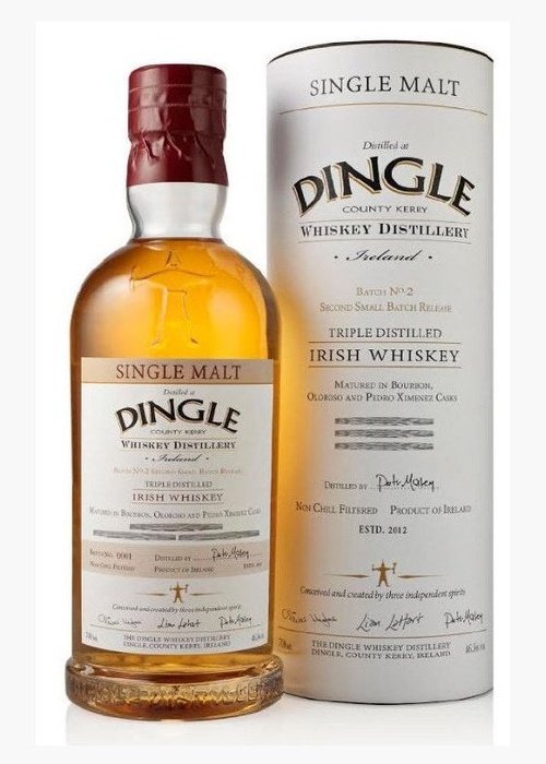 Dingle Single Malt Irish Whiskey Batch #2 bottle with red wax seal and white packaging