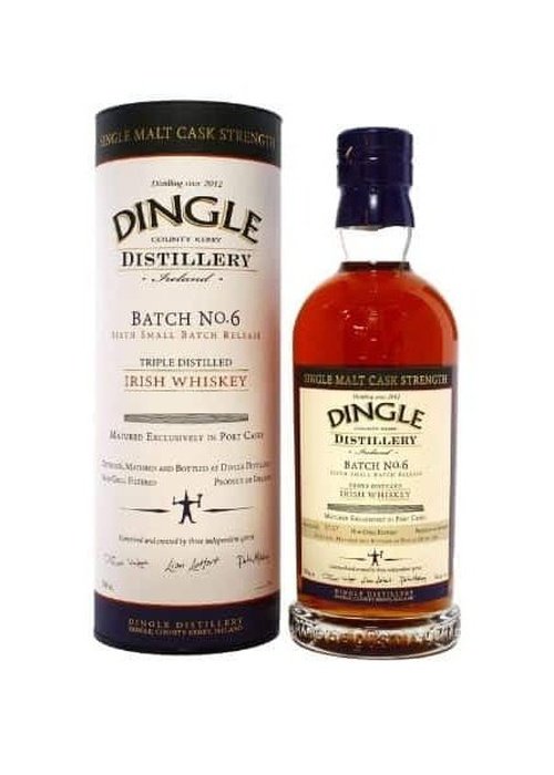 Dingle Single Malt Cask Strength Batch 6 Irish Whiskey bottle with Port Cask label and cylindrical tube packaging