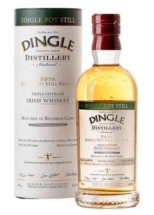 Dingle Single Pot Still Irish Whiskey 700ml bottle with white label and red cap beside cylindrical packaging