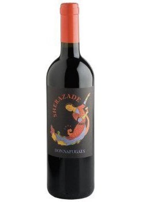 Donnafugata Sherazade red wine bottle with black label and colorful illustration