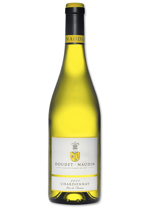Doudet-Naudin 2015 Chardonnay white wine bottle with light golden color and crest label