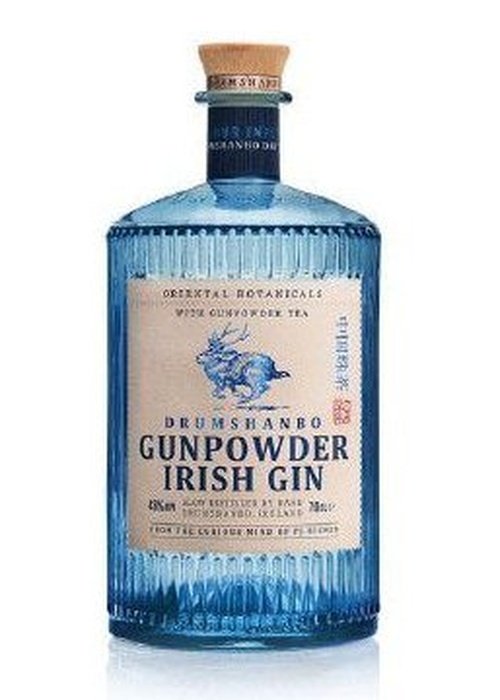 Drumshanbo Gunpowder Irish Gin 700ml bottle with blue ribbed glass and deer label
