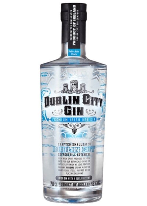 Dublin City Gin 700ml bottle with black cap and blue label featuring castle motifs