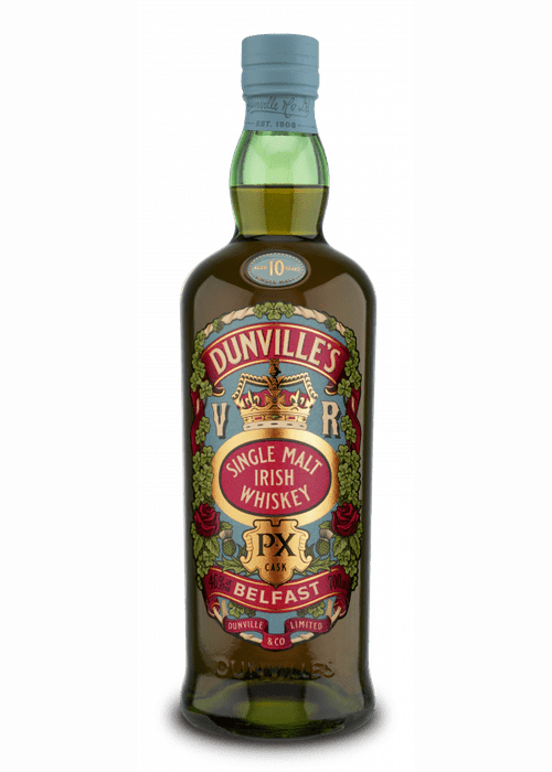 Dunville's 10 Year Old PX Single Malt Irish Whiskey in green glass bottle with gold seal