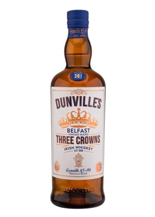 Dunville's Three Crowns 700ml Irish Whiskey bottle with blue cap and gold crown label