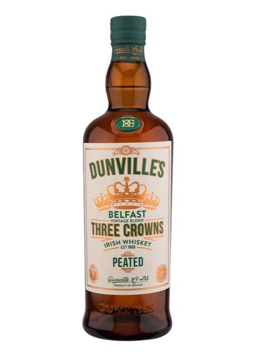 Dunville's Three Crowns Peated Irish Whiskey 700ml amber bottle with green cap and vintage label