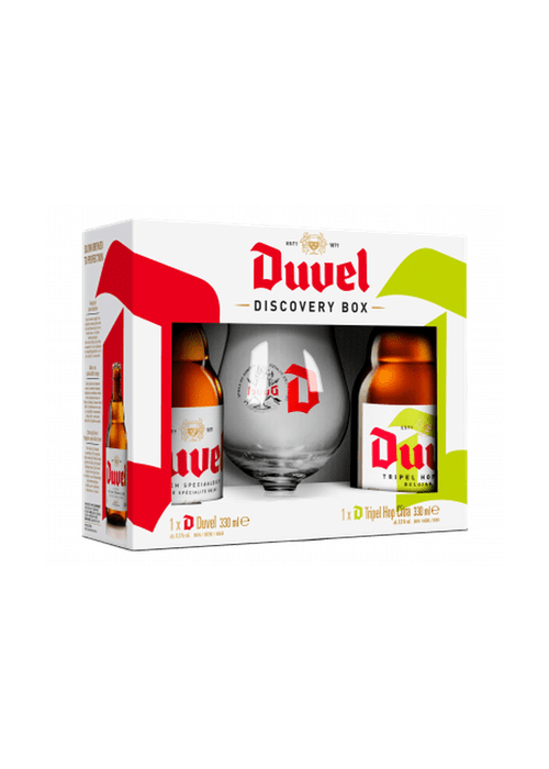 Duvel Discovery Box gift pack with two 330ml bottles and glass