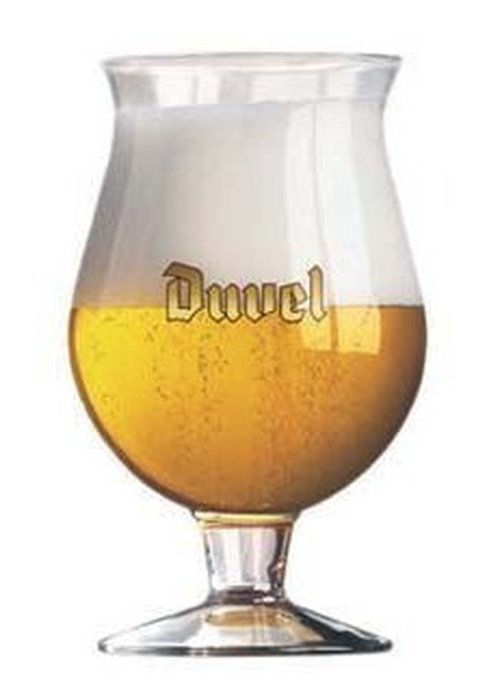 Duvel tulip glass 330ml with gold logo etched on clear stemmed beer glass