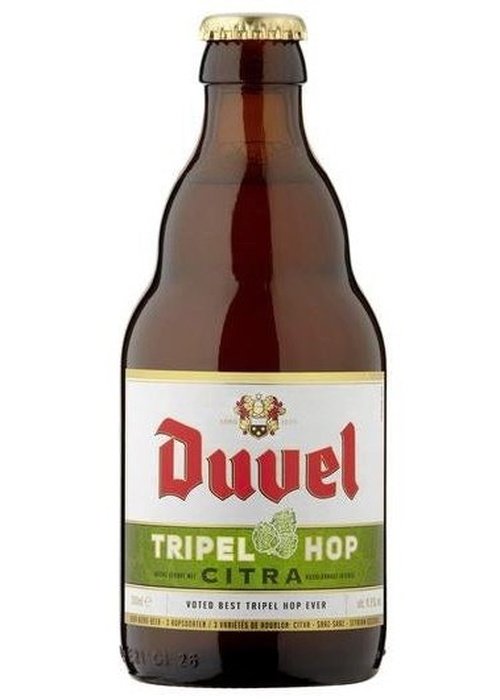 Duvel Triple Hop Citra 330ml brown glass beer bottle with gold cap and hop cone label