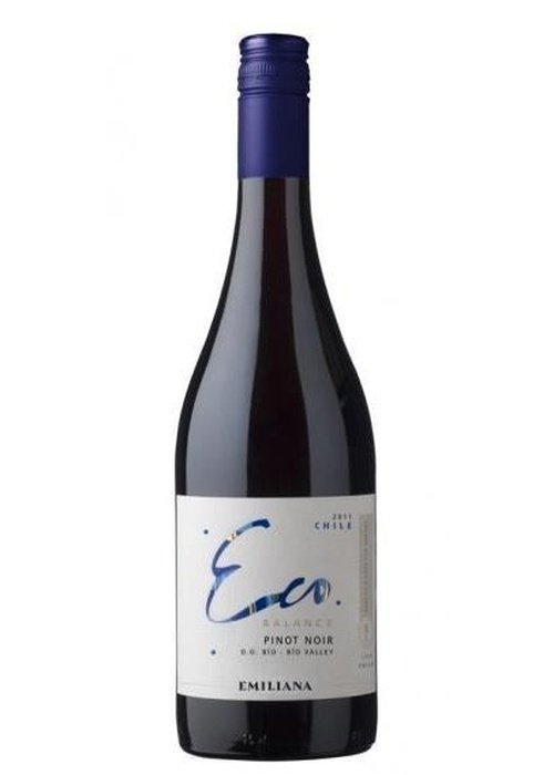 Emiliana Eco Balance Pinot Noir red wine bottle with blue foil capsule and white label