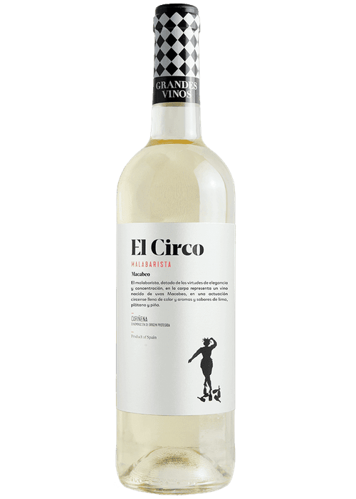 El Circo Malabarista Macabeo white wine bottle with circus performer label from Cariena Spain