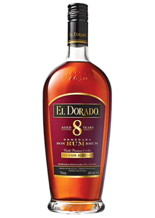 El Dorado 8 Year Old Rum bottle with dark amber liquid and maroon gold label