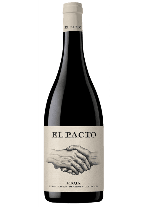 El Pacto Rioja red wine bottle with handshake label design