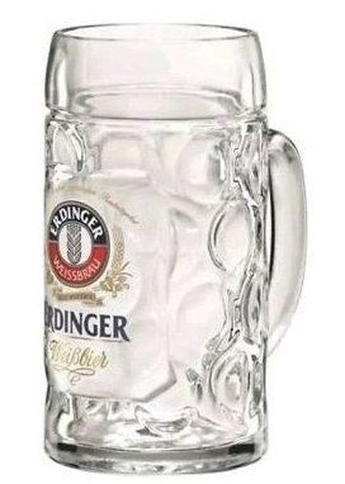 Erdinger 1 Liter glass beer stein with handle, wheat logo and Weissbier branding