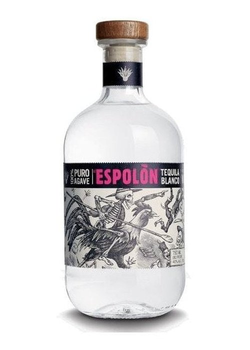 Espolon Tequila Blanco 700ML bottle with skeleton rooster label and wooden cap