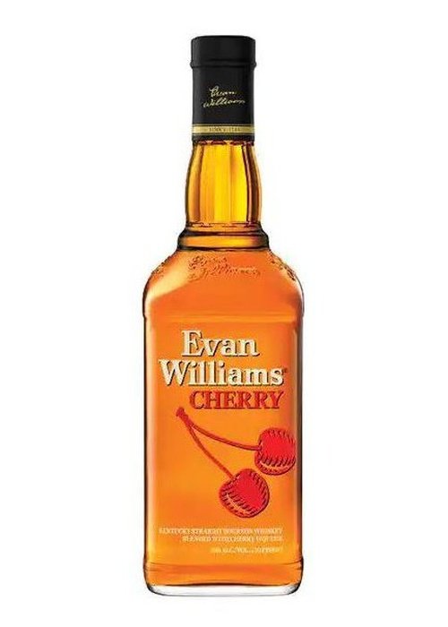 Evan Williams Cherry Reserve Bourbon bottle with red cherry label and black cap