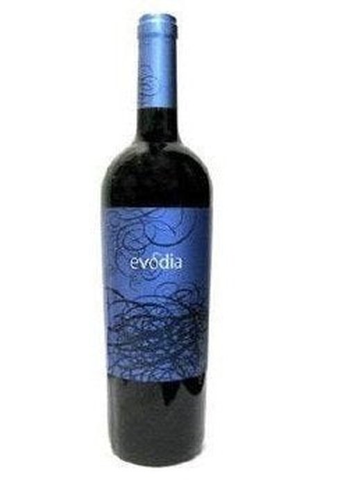 Evodia red wine bottle with blue label and abstract swirl design