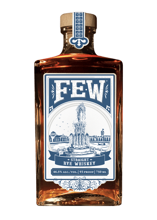 FEW Straight Rye Whiskey 750ml bottle with blue and white label, cork stopper, and fountain illustration