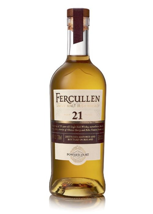 Fercullen 21 Year Old Single Malt Irish Whiskey 700ML bottle with amber liquid and maroon ribbon