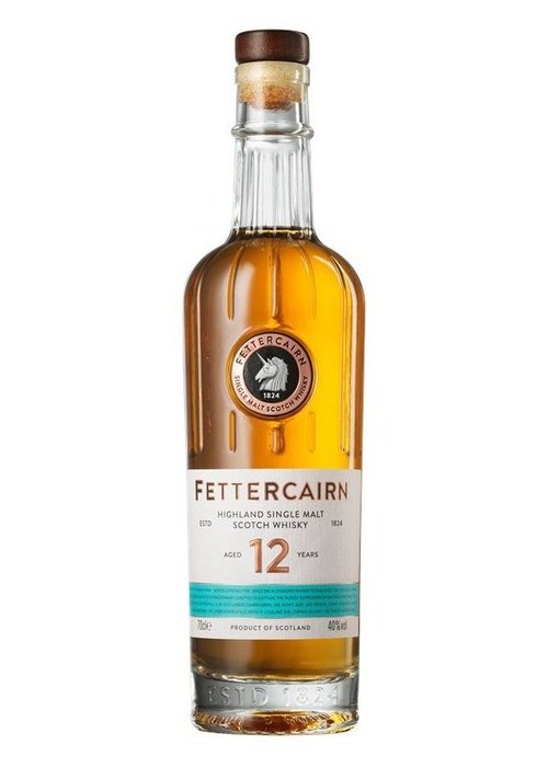 Fettercairn 12 Year Old Highland Single Malt Scotch Whisky bottle with amber liquid and unicorn logo