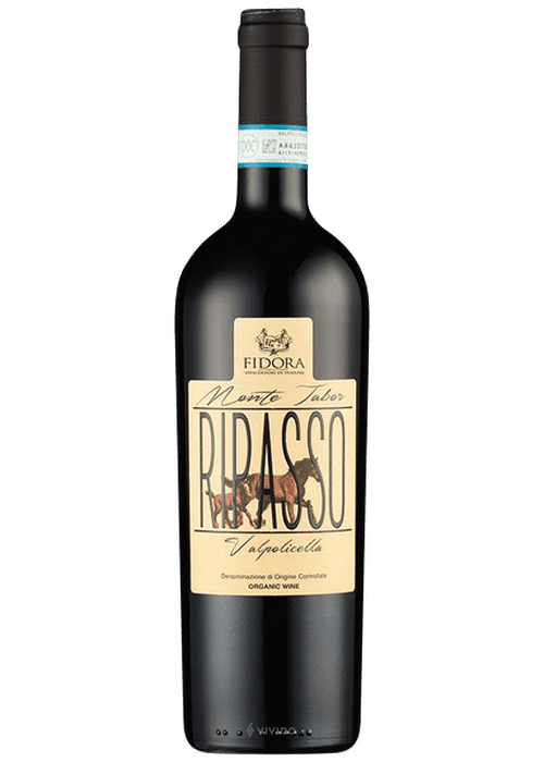 Fidora Monte Tabor Valpolicella Ripasso organic red wine bottle with horse illustration