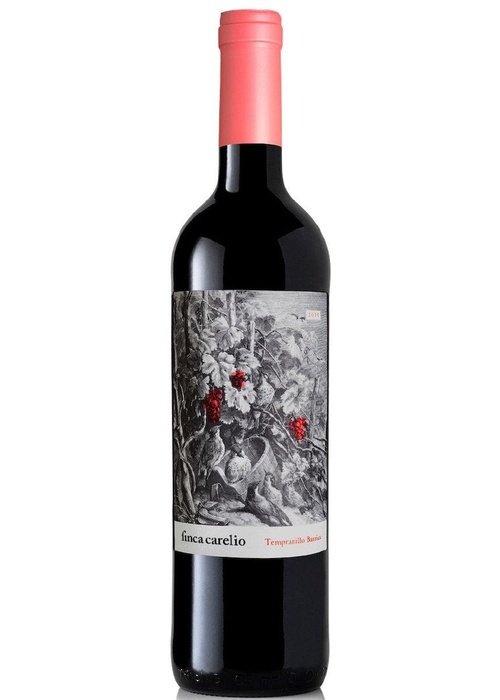 Finca Carelio Tempranillo red wine bottle with pink capsule and botanical label
