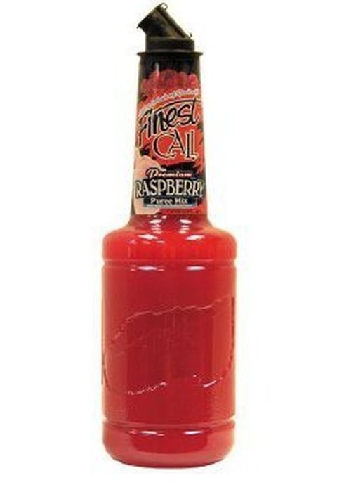 Finest Call Raspberry Puree 1L bottle with black pour spout and vibrant red liquid