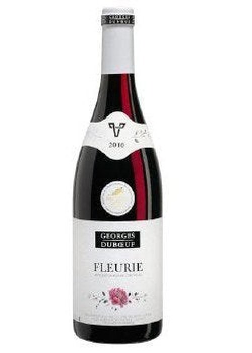 Georges Duboeuf Fleurie red wine bottle with pink rose label and 2016 vintage