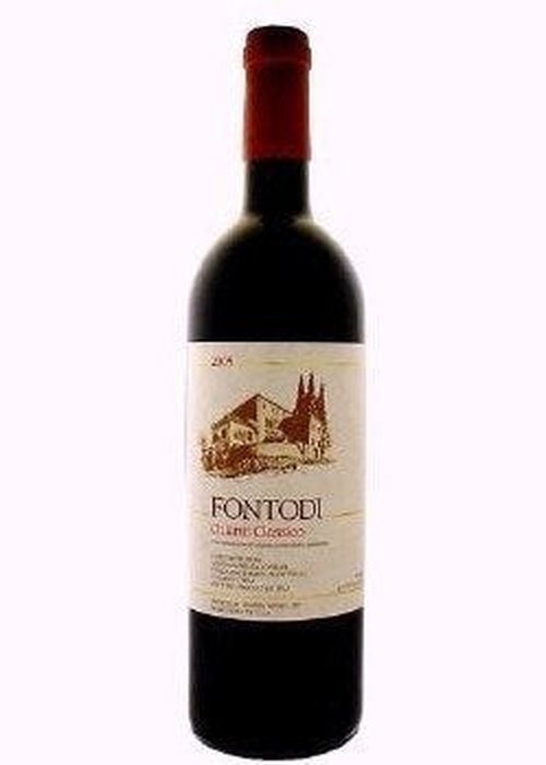 Fontodi Chianti Classico 2015 red wine bottle with cream label and building illustration